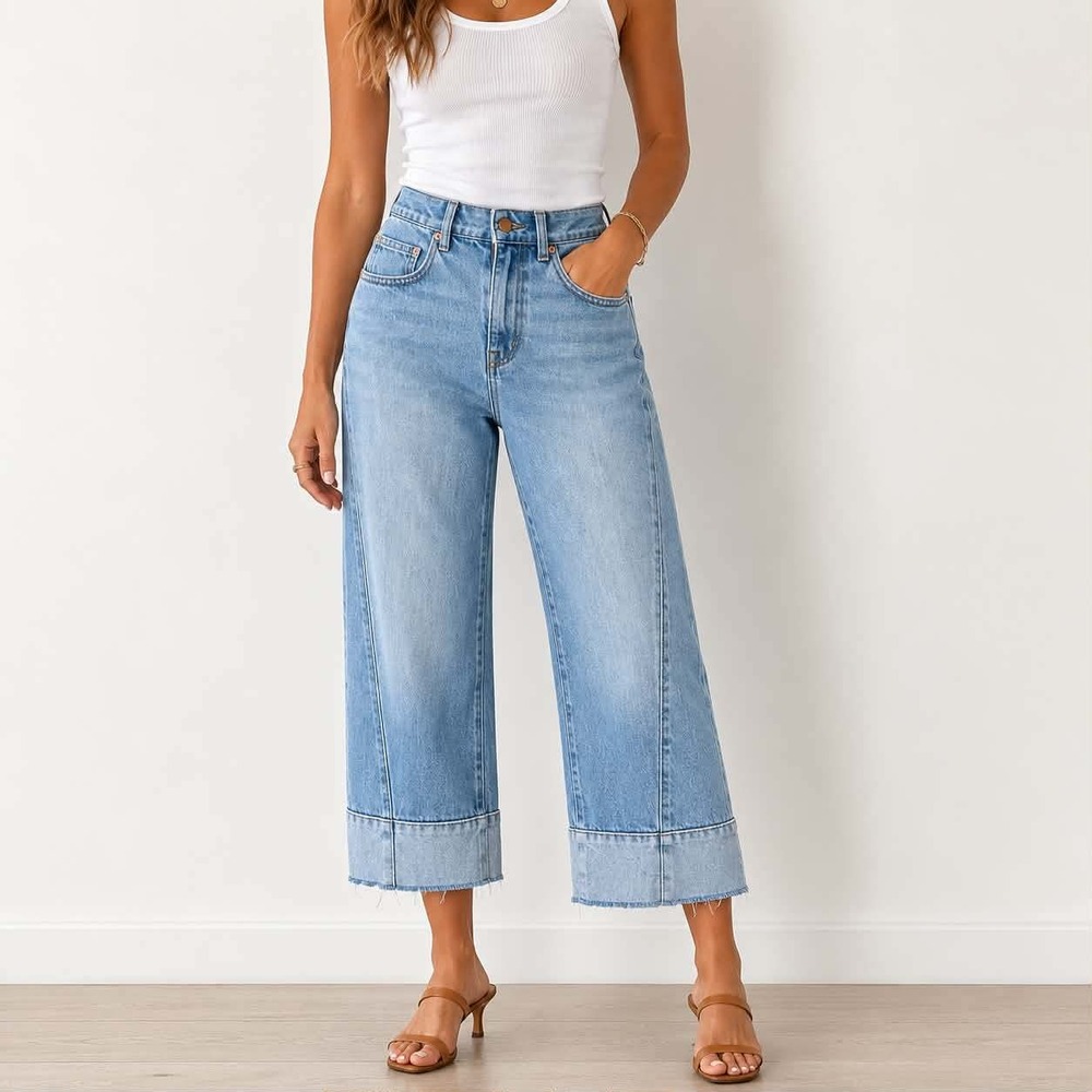 Evereve Jeans Womens 26 Blue Wide Leg Released Raw Hem High Rise Cropped Denim